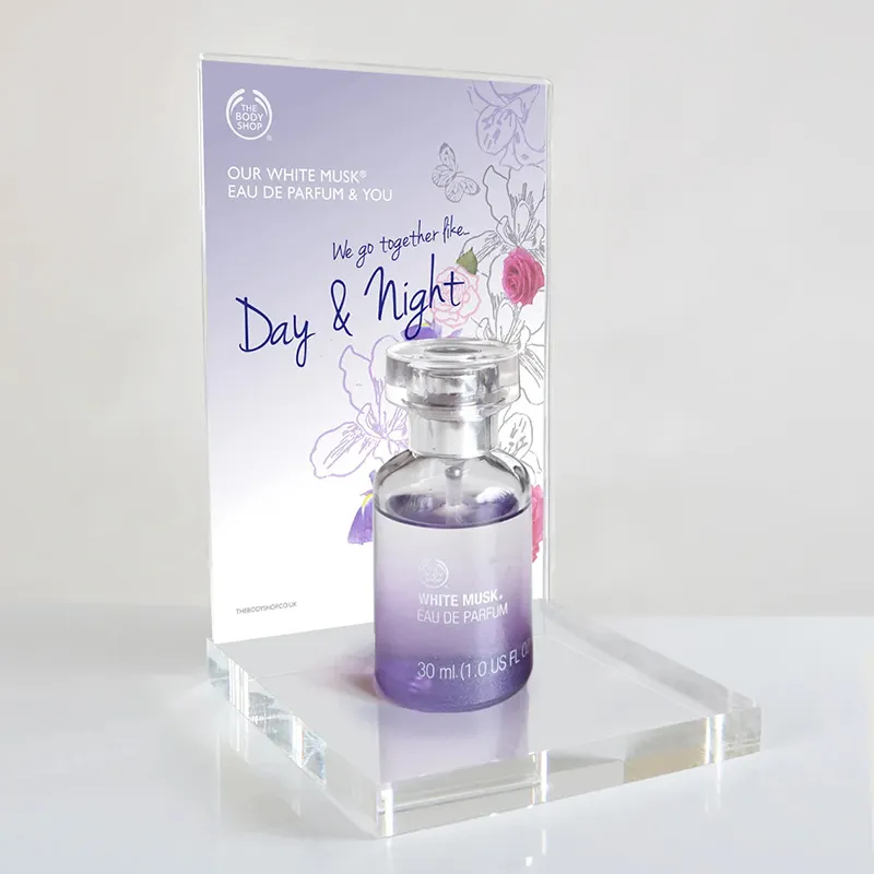 Akrilik ürün Glorifier POS ekran standı takı kozmetik için parfüm şişesi ekran tutucu A4 cep