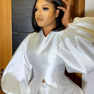 Yeni Tasarı<span class=keywords><strong>m</strong></span> Düz Renk Puf Kollu Bluz Geniş Paça Pantolon İki Parçalı Takı<span class=keywords><strong>m</strong></span> Kadın Ofis Elbisesi - Product Image 4