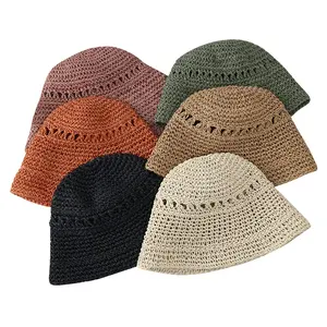 Printemps été coloré fait à la main pêcheur chapeaux de paille tissé pare-soleil plié plage crème solaire extérieur seau casquettes pour les femmes