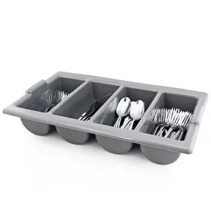 Kotak peralatan makan plastik 4 kompartemen/nampan alat makan dengan pegangan untuk peralatan dapur pisau warna abu-abu dan kotak sumpit penyimpanan garpu