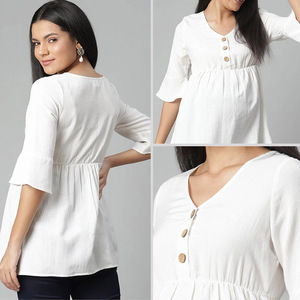 Blusa <span class=keywords><strong>de</strong></span> Maternidad para Oficina, Spandex/Algodón, Blanca, Cuello en V, <span class=keywords><strong>Botones</strong></span> al Frente, Manga con Vuelo, Transpirable, para Lactancia, Verano - Product Image 2