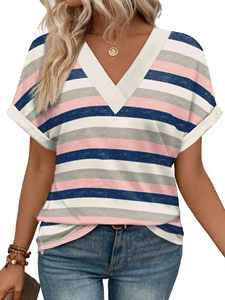 2026 European American for New Women's <b>Clothing</b> Pattern Casual V-neck Striped Multicolor Short Sleeve Loose Polyester Hot - Product Image 3