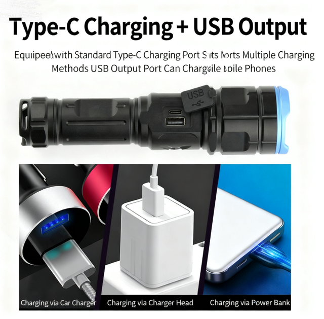 New Style Aluminum Alloy Outdoor High-Intensity Flashlight Handheld Type-C Charging Digital Display Power Bank Function