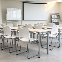 Chaise de formation empilable moderne en plastique PP durable avec accoudoirs fixes et base à patins sans roulettes pour bureau, conférence et réunion