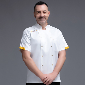 Uniforme de Chef de Verano de Algodón Tejido, Manga Corta, Doble Botonadura, Ropa de Trabajo de Cocina con Botones Dorados, Delantal de Cocina Profesional - Product Image 1
