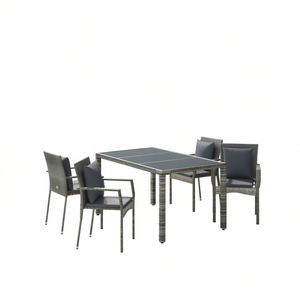 Dining Set For Garden <b>Grey</b> Pe Rattan With Powder Coated Steel <b>Frame</b> Tempered Glass Top Contemporary Outdoor Furniture - Product Image 1