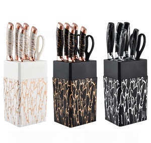 Ensemble de couteaux de cuisine à motif marbré avec bloc à couteaux, lames en acier inoxydable noires, pour usage domestique, HORECA et commercial - Product Image 4