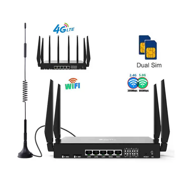 Dual Sim WIFI 1266Mbps SMA Antena Eksternal Nirkabel CPE Industri Unlocked 4G Lte Load Balancing Router Multi Port