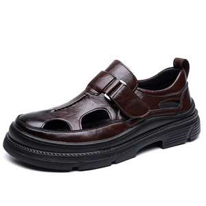 Sandales plates en cuir souple pour hommes, à fermeture Velcro, chaussures décontractées d'été, taille adulte 40 41 42 43 44 45 - Product Image 5