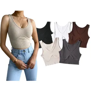 Summer Custom Cotton V-neck Suspender Vest For Women Sleeveless Crop Ribbed Tank Top