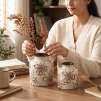 Ensemble de 2 vases en céramique vintage à glaçure craquelée, motif floral botanique peint à la main, décoration rétro pour la maison, centre de table
