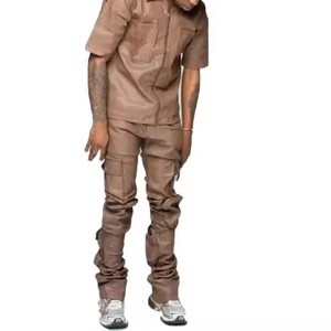Custom Redesign Private Label Sweat Suits Men Leather Custom Logo Fit Two Piece Sweatsuit Set Leather Tracksuit - Product Image 2