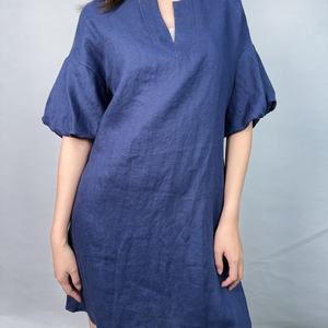 Vestido de Lino Personalizado para Mujer, Estilo Casual, Manga Corta, Largo Medio, Color Azul Verano - Product Image 4