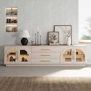 Mueble para TV AJUNION de Madera Natural con Puerta de Vidrio Arqueada, Consola Multimedia de MDF, Estantes Ajustables, 3 Cajones, Venta al Por Mayor para Proyectos Hoteleros - Product Image 1