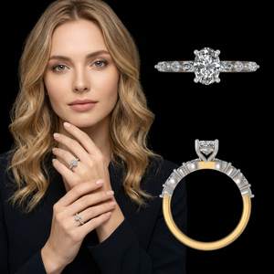 Elegant 1.17 Carat Oval Diamond Engagement <b>Ring</b> with Pear and Round Side <b>Stones</b> in <b>Two</b> Tone Gold Designer Bridal Jewelry Piece - Product Image 1