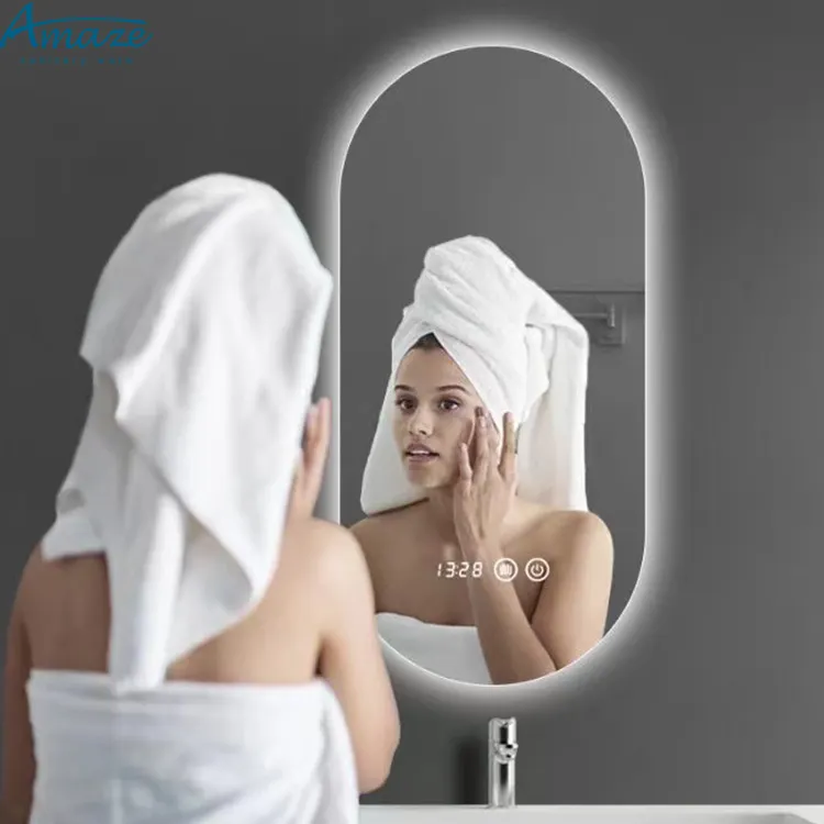 새로운 터치 스크린 전자 지능형 LED 거울 욕실 타원형 벽걸이 호텔 화장품 거울 스마트