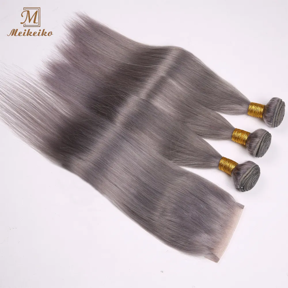 Meikeiko High quality Brazilian Human Hair Straight Hair Weave Grey Ombre color Bundles with closure 8"-30" Remy Hair Weft