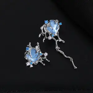 Personality Asymmetric Brass Pearl Earring Necklace Blue Enamel Zircon Drop Earring Silver Plated Irregular Square Necklace