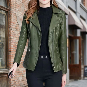 Chaqueta de Motocicleta Verde para Mujer, con Cierre, Cuello Camisero, Corta, Sólida - Product Image 2