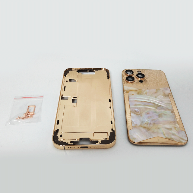 Customized Enhanced Luxury Gold Plated Phone Housing Deep Carved White Pearl Shell Luxury Phone Housing for iphone 15 Pro Max