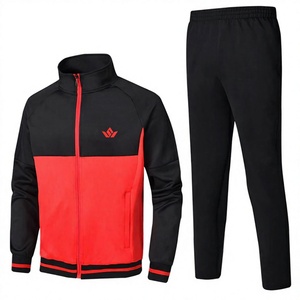 Ensemble de survêtement personnalisé pour homme, noir et rouge, imprimé, à séchage rapide, veste zippée intégrale et pantalon avec poches latérales, vêtements de sport - Product Image 1