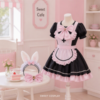 Ensemble de robe de cosplay de demoiselle d'honneur Bunny Maid noir et rose, tenue de demoiselle d'honneur courte et mignonne avec manches bouffantes, tablier à volants et bandeau oreilles de lapin croisées