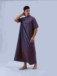 <b>Men's</b> Cotton <b>Thobe</b> Short Sleeve Ankle Length Stand Collar Modest Prayer Wear Solid Color Regular Fit All Seasons - Product Image 1