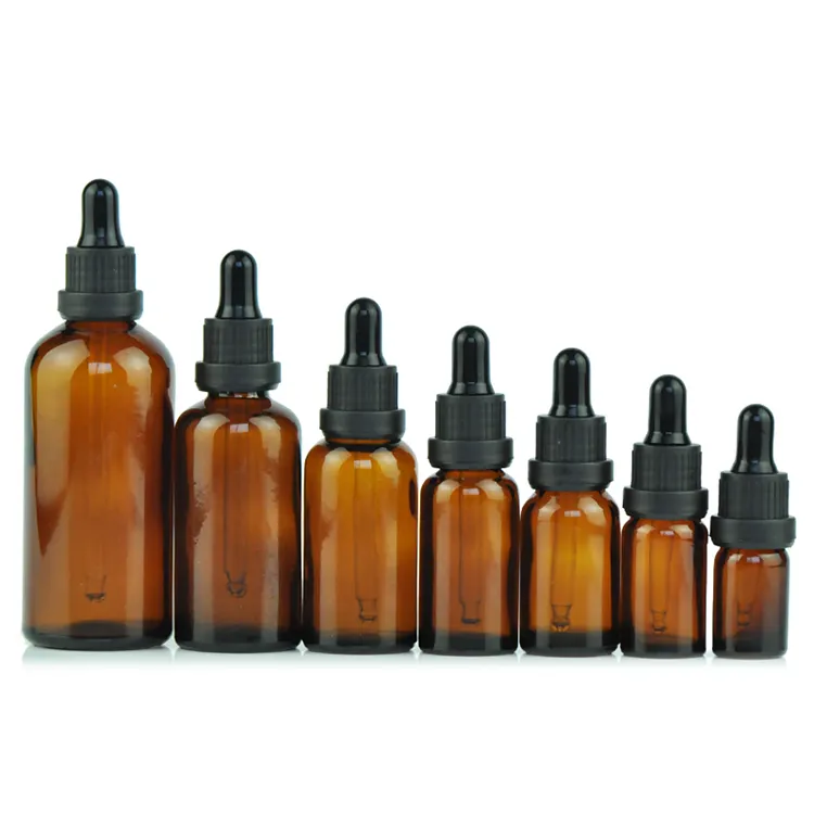 卸売5ml 10ml 15ml 20ml 30ml 50ml 100ml琥珀色ガラスエッセンシャルオイルボトルプラスチックスポイト付き