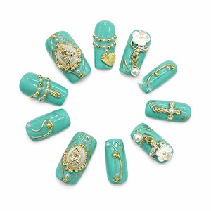 Turquoise Press on Nails Acrylic Full <b>Cover</b> False Nails Pearl Gold Decorative Manicure for <b>Finger</b> - Product Image 2