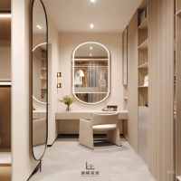 Armoire Moderne Minimaliste Personnalisée pour Chambre à Coucher, Meuble de Rangement Extensible avec Portes Battantes Verrouillables et Zone de Coiffeuse, Menuiserie Sur Mesure