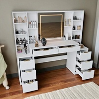 Coiffeuse sur mesure avec miroir et lumières, grande table de maquillage avec 8 tiroirs, étagères ouvertes et LED réglables pour la chambre à coucher