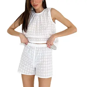 Custom soft satin pajamas heart dot print vest top shorts, set twopiece Pajama Set women girl sleepwear/