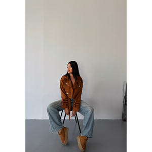 Chaqueta Corta de Ante Vintage Color Bronceado con 3 Mangas, Detalle de Cinturón, Piel de Oveja y Satén para Primavera/Invierno, Teñida de Poliéster y Algodón - Product Image 4