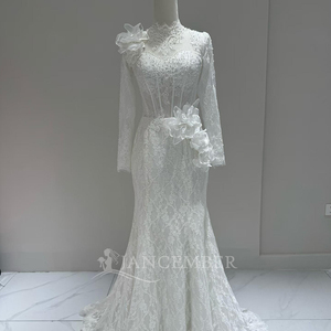 Vestido de Novia de Lujo Lscm91 Color Marfil, Mangas Largas con Ilusión de Transparencia, Apliques de Encaje Floral, Vestido de Novia Sirena con Cuentas, Jancember - Product Image 1