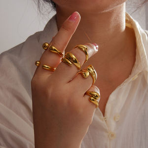 Alla moda 18K oro placcato in acciaio inossidabile regolabile in acciaio inossidabile grosso e ricurvo liscio a forma geometrica Multi pila anelli gioielli da donna - Product Image 1