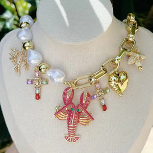 Stylish Ocean Theme <strong>Lobster</strong> Pendant Necklace Cross Starfish Coral Love Charm Decorated Fashion <strong>Jewelry</strong> Party Gift Accessory - Product Image 1