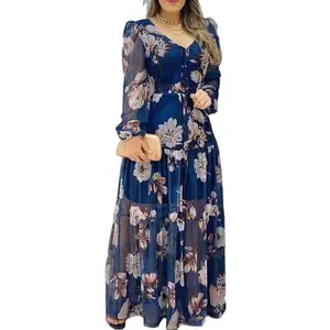 2022 New Arrival Fashion Chiffon Floral Dress Casual V Neck Mesh Print Maxi Dresses Women Elegant Long Dress