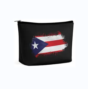 Porto riko bayrağı makyaj çantası PU deri seyahat kozmetik çantası büyük kapasiteli çanta