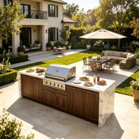 Cuisine extérieure modulaire en acier inoxydable avec station barbecue, robinet, charnière, glissière de tiroir, panier de tiroir et plan de travail en quartz
