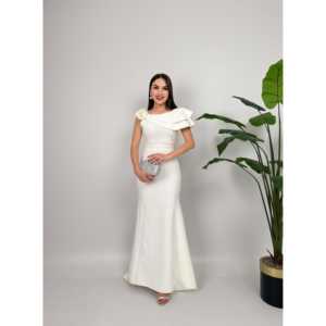 Elegante Vestido de Noche Largo Amarillo con Hombro Descubierto, Volantes, Diseño de Rosa, Cintura Natural y Cuello Redondo para Boda - Product Image 3