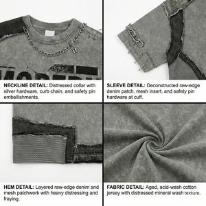 T-shirt homme vintage gris délavé patchwork avec chaîne métallique et épingle de sûreté, coupe ample et épaisse, 100% coton, fournisseur de choix pour l'été - Product Image 2