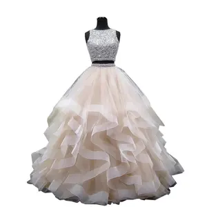 Luxury Crystal Two Pieces Ball Gown Quinceanera Dress O-Neck Beaded Open Back Pageant Gowns Long Tiered Organza Sweet Prom Dress