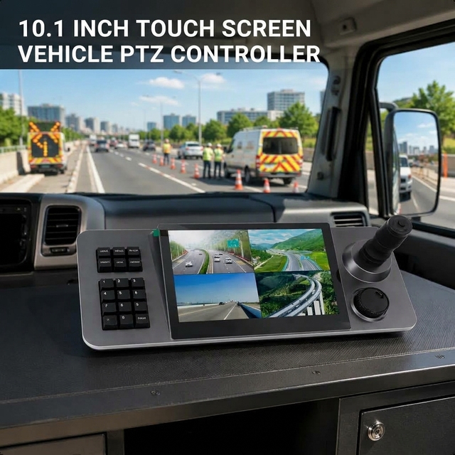 Vehicle PTZ Camera Controller with 10.1 Inch 4K Touchscreen, 4D Joystick, 4-Screen Preview &  for Mobile Command PTZ System