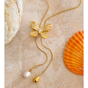 ג 'ינו 479 אלגנטי 3D נירוסטה פרפר זוהר מעוקב שרשרת זרקון שרשרת שרשרת פנינים כפולה פנינים - Product Image 4