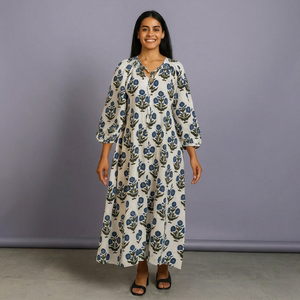 Ethnic Floral White Cotton Block Print Midi <b>Dress</b> Boho Puff Sleeve <b>Loose</b> Fit V-Neck Casual Summer <b>Dress</b> For Women - Product Image 1