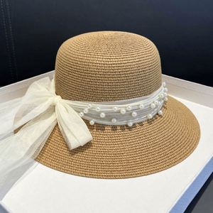 <b>Summer</b> New Pearl Mesh Sunshade <b>Straw</b> Character Woven Lace Travel Female Bowknot Bucket <b>Hat</b> Wholesale - Product Image 4