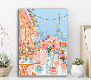 Cuadro de <span class=keywords><strong>la</strong></span> Torre Eiffel, Casa Rosa y Flores, Pintura Acrílica Moderna por Números, Hecho a Mano sobre Lienzo, 40x50cm, Ecológico para Adultos - Product Image 1