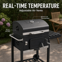 Barbecue à charbon de bois carré d'extérieur avec grilles en fonte, plateau à charbon réglable et étagère latérale