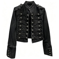 Veste en jean noire personnalisée pour homme SOONREE avec plusieurs rangées de boutons, épaulettes sur les épaules, style streetwear vintage