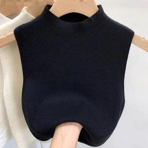 Grosir Atasan Wanita Kasual Tanpa Lengan Model Crop Top Tank Top Warna Solid Rajutan Kaos Kerah Setengah Tinggi 2025 - Product Image 4